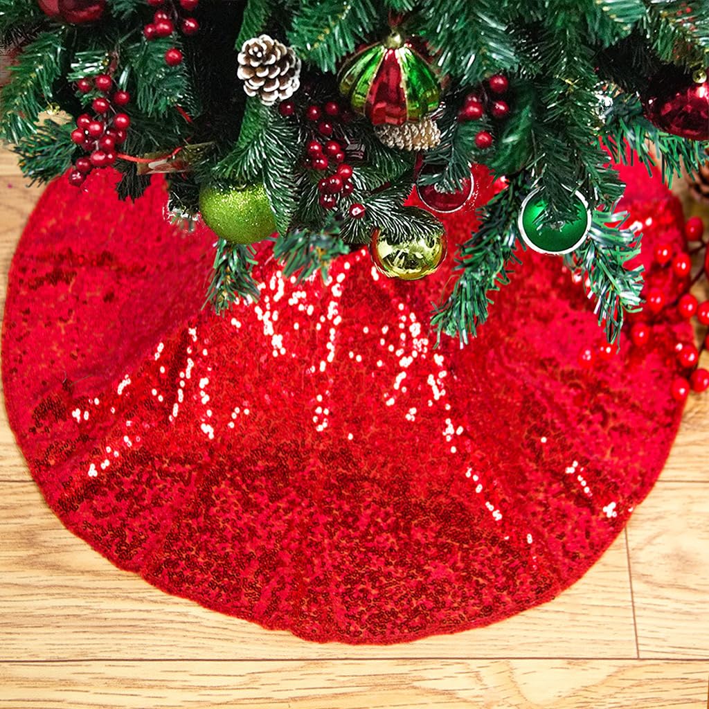 Christmas Tree Skirt Small 24 Inches Red Sequin Tree Skirt Xmas Holiday Decoration Glitter Tree Skirts for Halloween Small Round Tree Skirt Luxury Sequined Christmas Tree Skirt