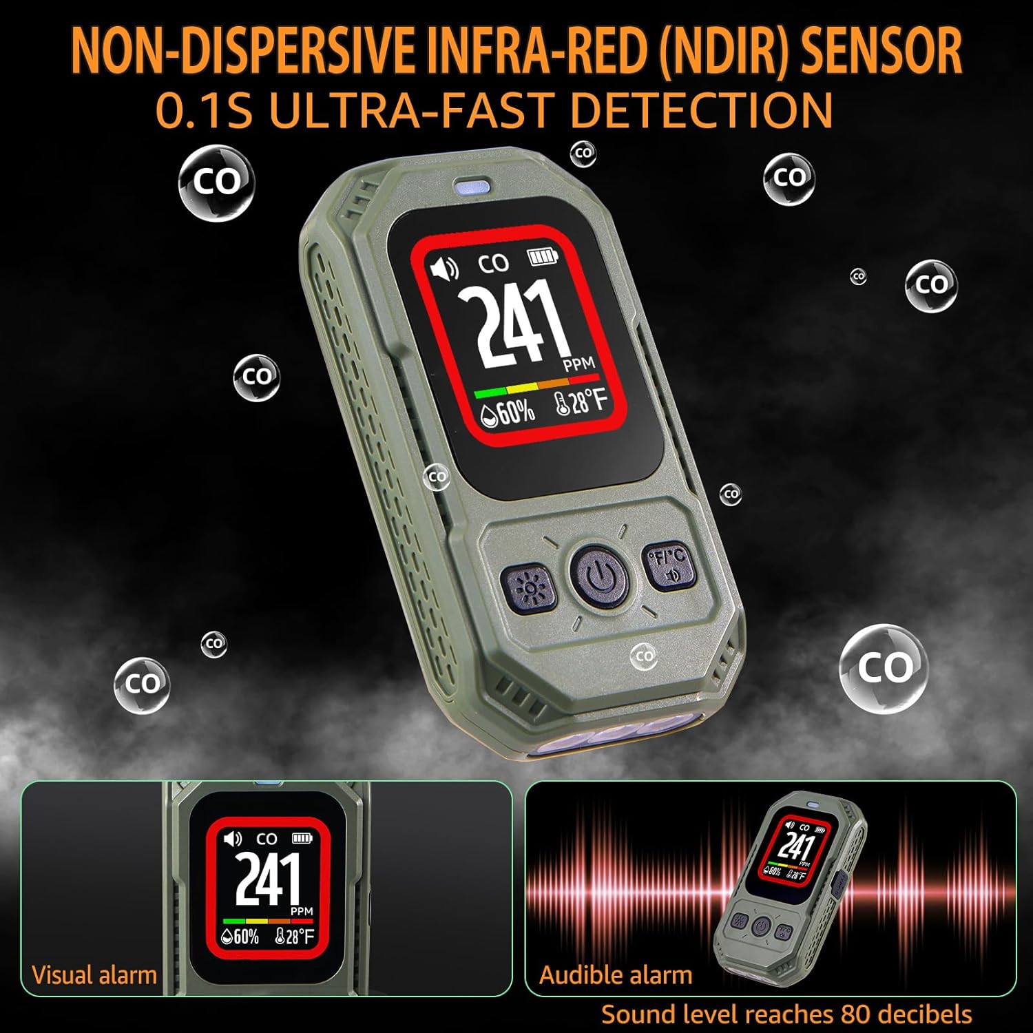 3 in 1 Portable Lighting Carbon Monoxide Detector, Temperature, Humidity, and Carbon Monoxide Alarm, Lanyard, Magnetic Design ＆ Bottom Bracket. Perfect for House, Travel, Vacations, or Picnic
