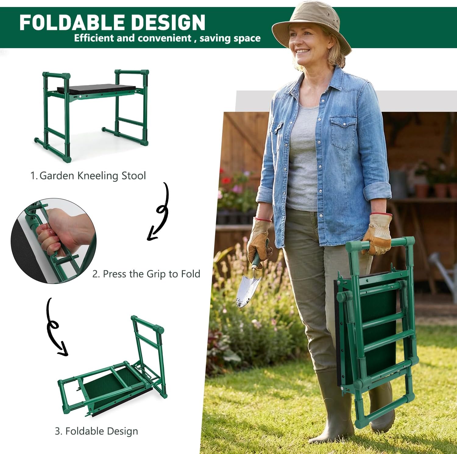 Garden Kneeler and Seat with Anti-Tip Design, Foldable Gardening Stool with Sturdy Handles for Seniors(Green)