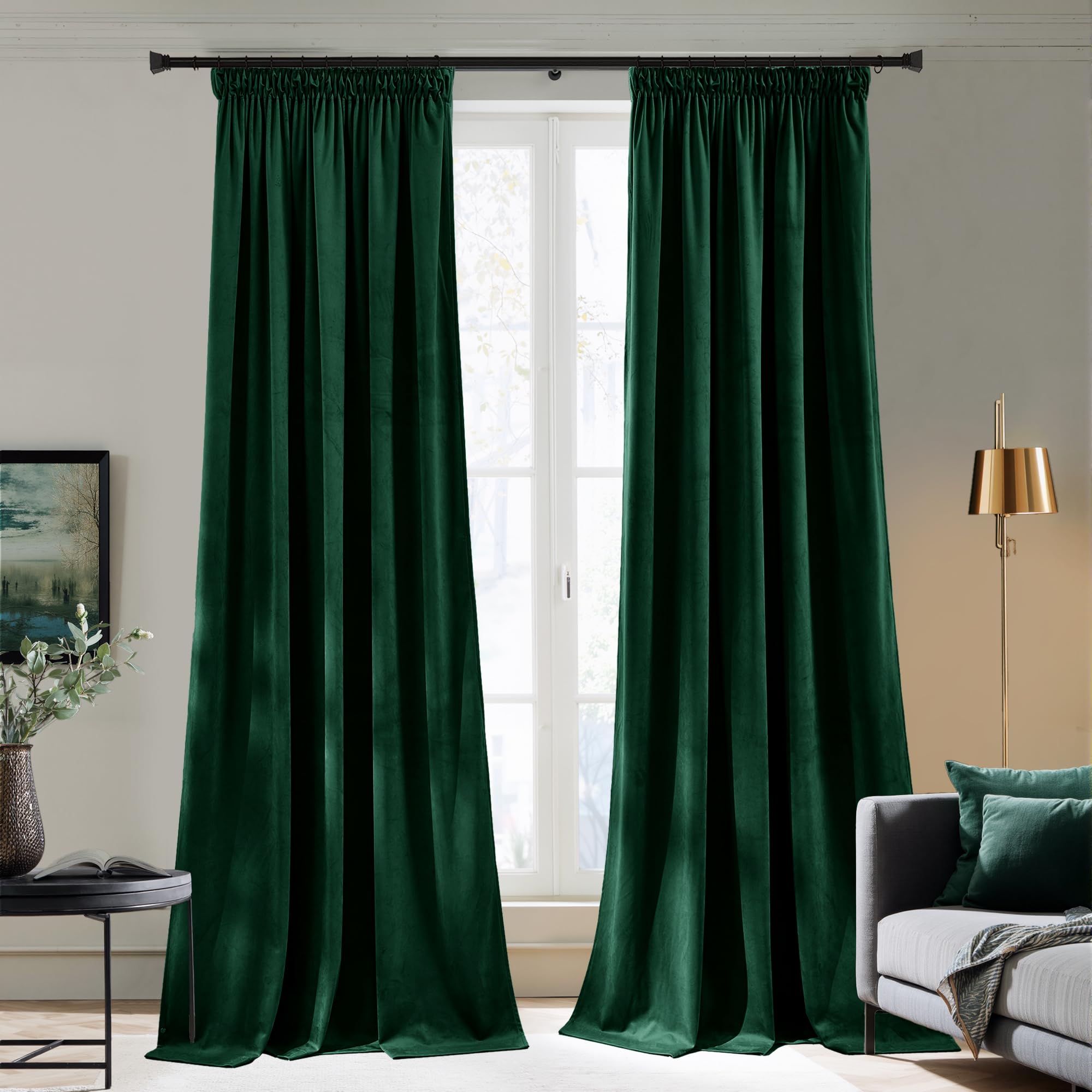 PONY DANCE Blackout Velvet Curtains with Pencil Pleat, Dark Green, 90x90″