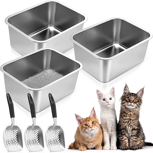 Zubebe Paquete de 3 cajas de arena para gatos de acero inoxidable con 3 piezas de arena para gatos, caja de arena grande para gatos, cucharas de