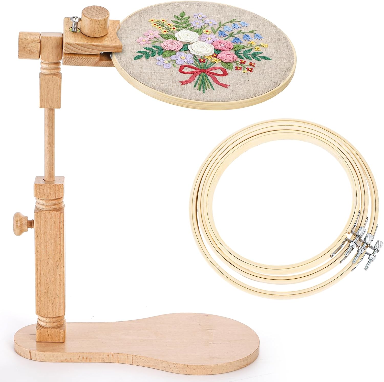 Tosnail Beech Wood Adjustable Rotatable Embroidery Hoop Stand with 3 Hoops, 6 Inch, 7 Inch, 8 Inch, Cross Stitch Frame Holder for Hand Embroidery, Cross Stitch, Needlepoint, Sewing Project