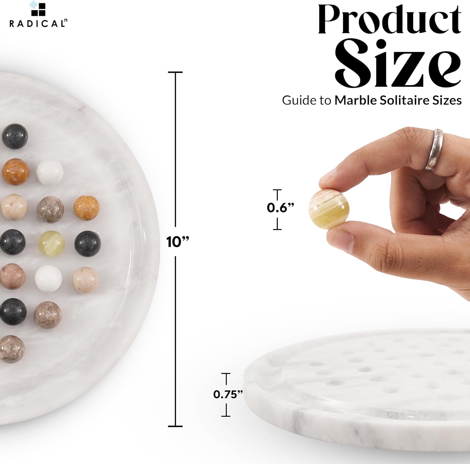 Marble Solitaire Game 10" Inch White Handmade Peg Solitaire Board Game with Marbles, Classic Marble Puzzle Game for Adults, Modern Tabletop Brain Teaser