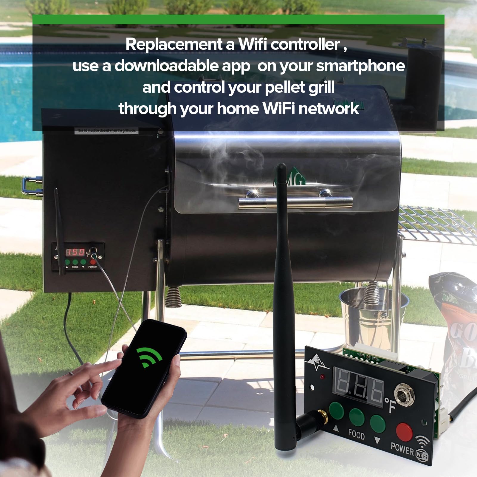 Placa de circuito de control digital con antena, compatible con Green Mountain Grills Davy Crockett Prime & Trek con WiFi, número de pieza P1010/P-1751