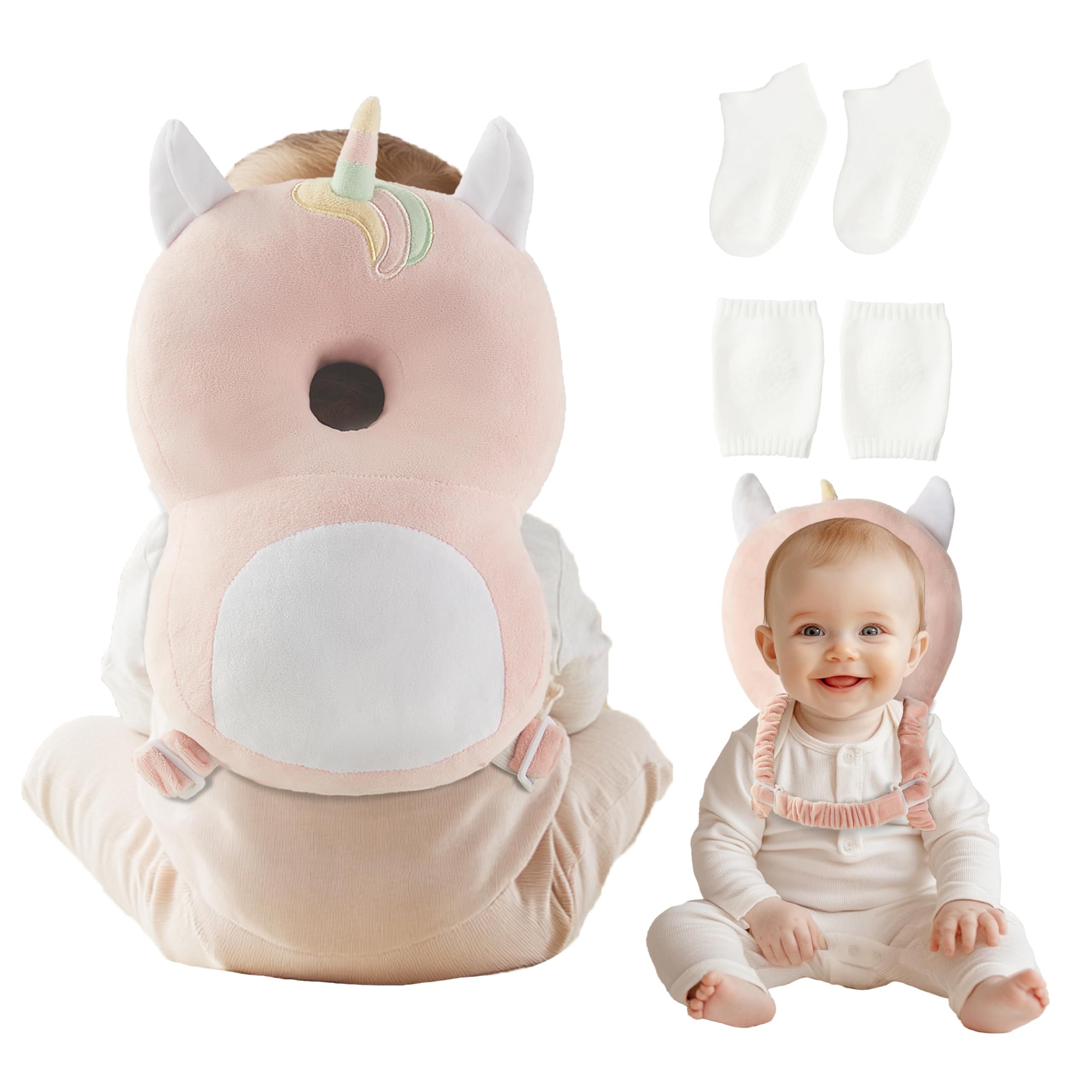 Fortella Baby Kopfschutz Rucksack mit Socken und Knieschonern, Atmungsaktiver Rückenbereich, mit Verstellbarem Trageriemen für 5-24 Monate, zum Krabbeln, Laufen Lernen und Kinderaktivitäten (Einhorn)