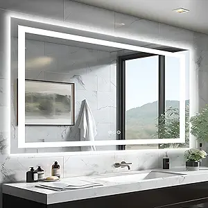 50"x32" LED Lit Bathroom Mirror, Front and Backlit LED Mirror, Anti-Fog Bathroom Mirror with Lights, 3 Colors Stepless Dimmable Mirror, Touch Sense (Horizontal/Vertical)