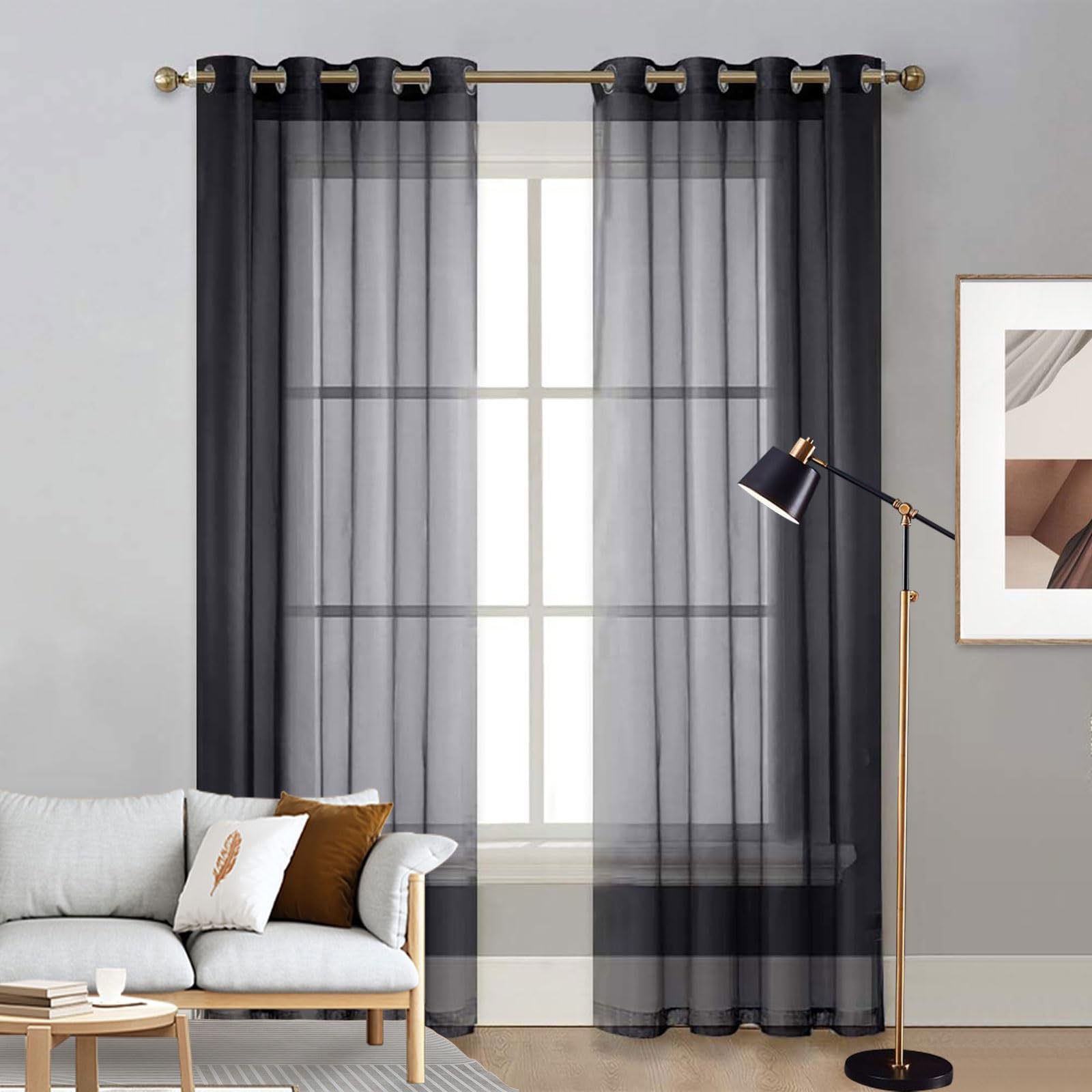 Voilage à oeillets noir 250x115cm rideau demi transparent occultant thermique