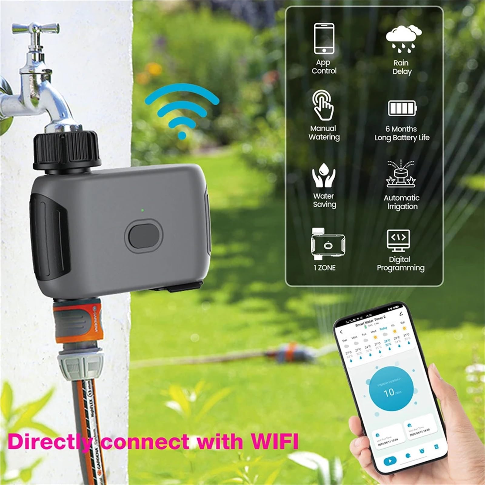 Programmatore di irrigazione. Timer for irrigazione da giardino intelligente Wi-Fi da 3/4", regolatore di irrigazione a goccia, valvola 'acqua, ritardo pioggia, irrigatore temporizzato programmabile T