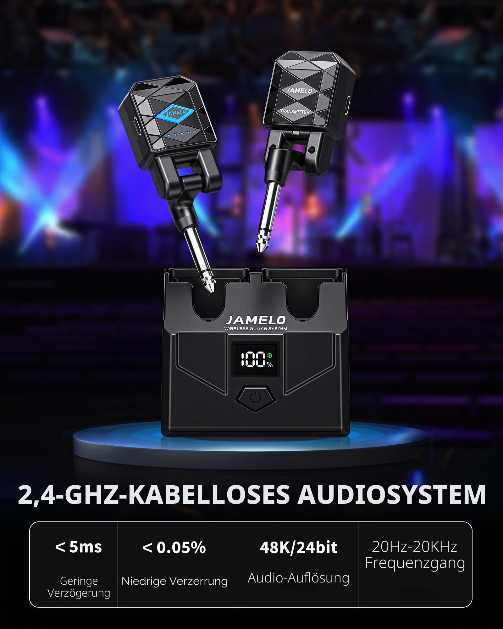 JAMELO Kabelloses Gitarrensystem mit Ladekoffer, Gitarrensender Empfänger geringer Latenz <5 ms, 15 Std. Laufzeit，wiederaufladbares Gitarren Klinkenkabel, 4 Kanäle für Gitarre Bass（WS-200）