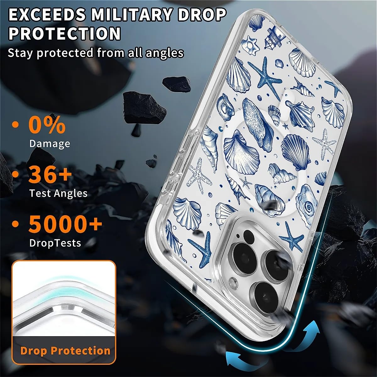 Funda para iPhone 15 [compatible con Magsafe], funda magnética transparente de silicona a prueba de golpes con patrón de concha de estrella de mar de verano