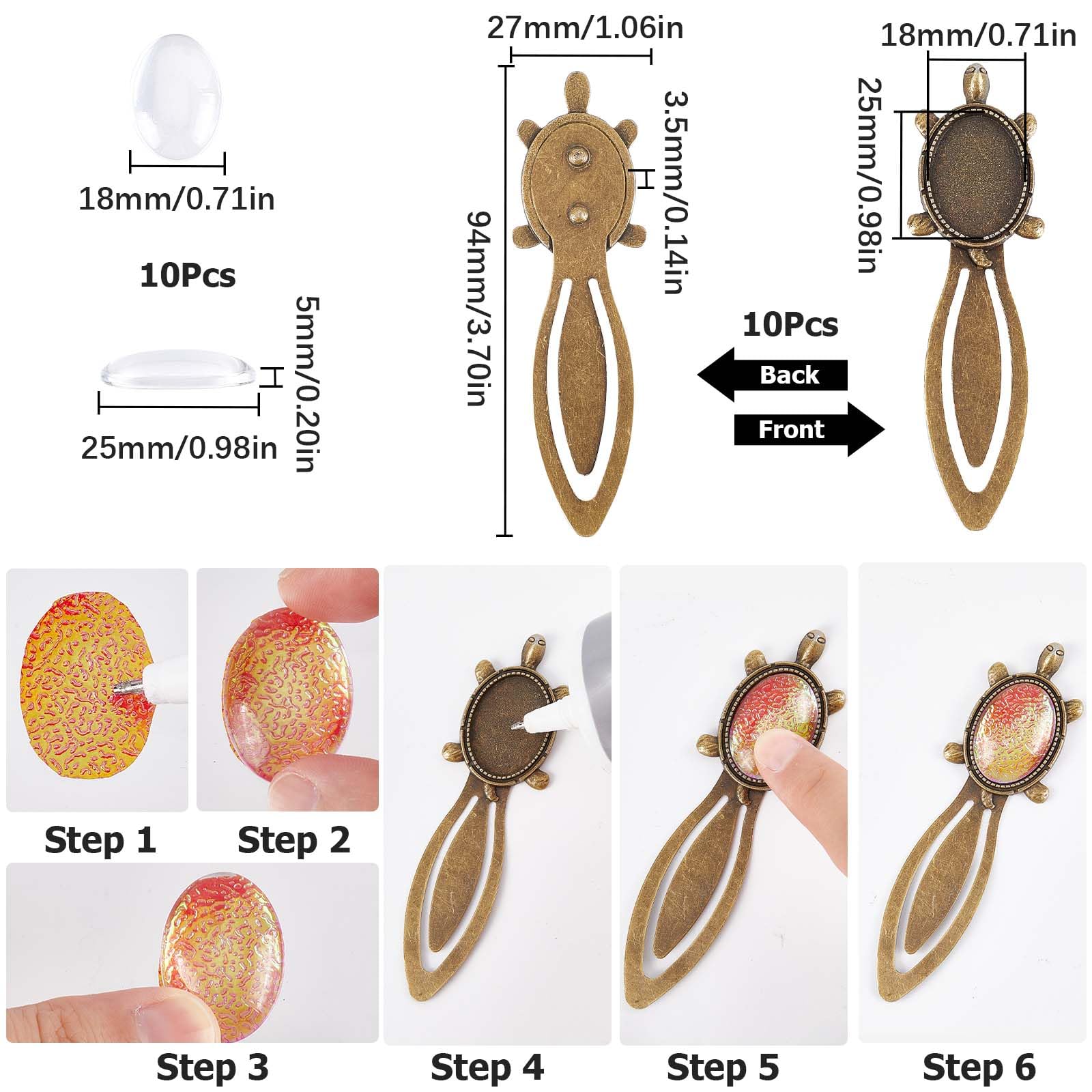 16-Piece Vintage Bookmark Making Kit - Metal Bezels With Glass Cabochons