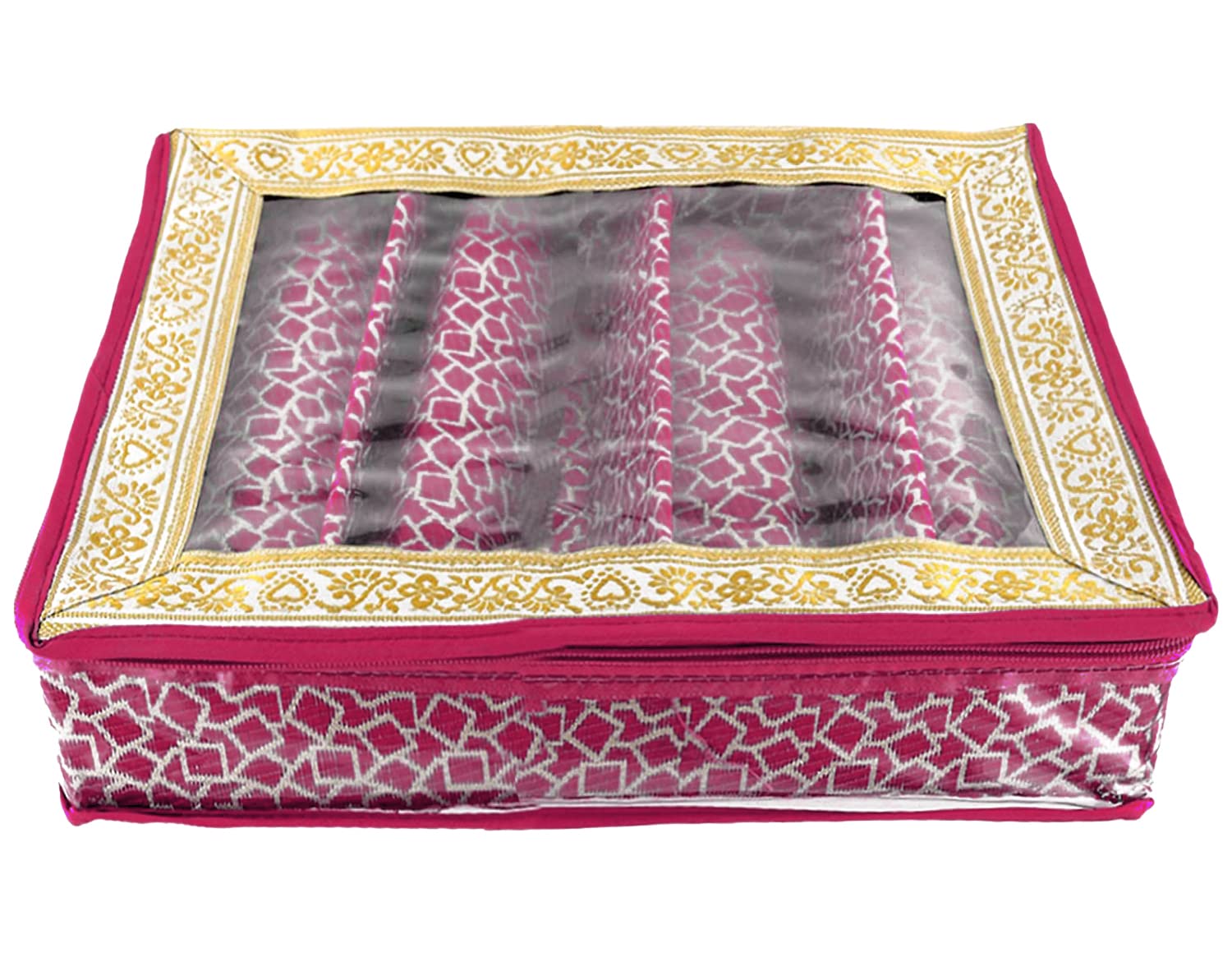 Kuber Industries Multi Saqare Design Laminated 4 Rod Box, Organizer For Bangle, Watches, Bracelets, Jewellery With Tranasparent Top (Pink)-47KM0302