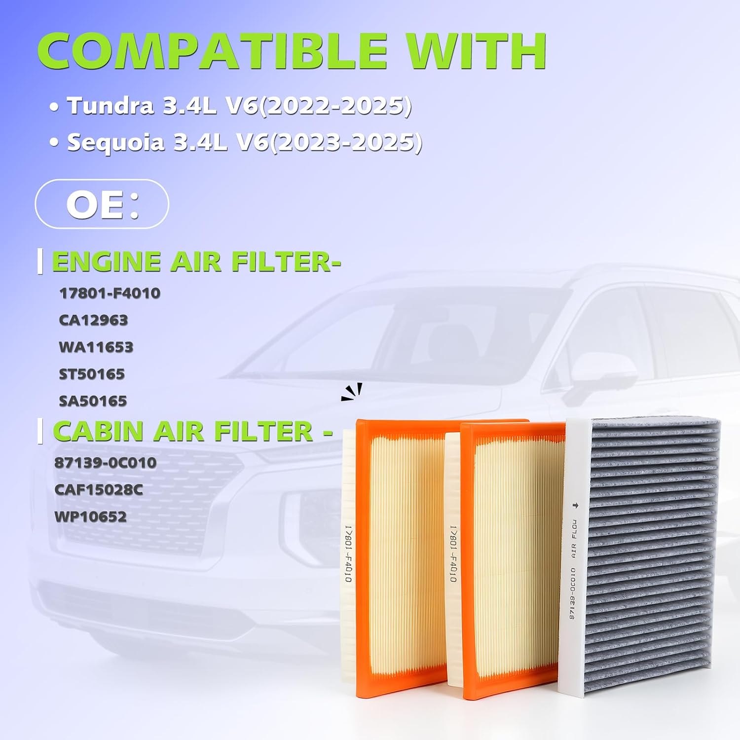 Engine And Cabin Air Filter kit for Tundra (2022-2025), Sequoia (2023-2025), Replaces 17801-F4010, 871390-C010, WA11653,WP10652