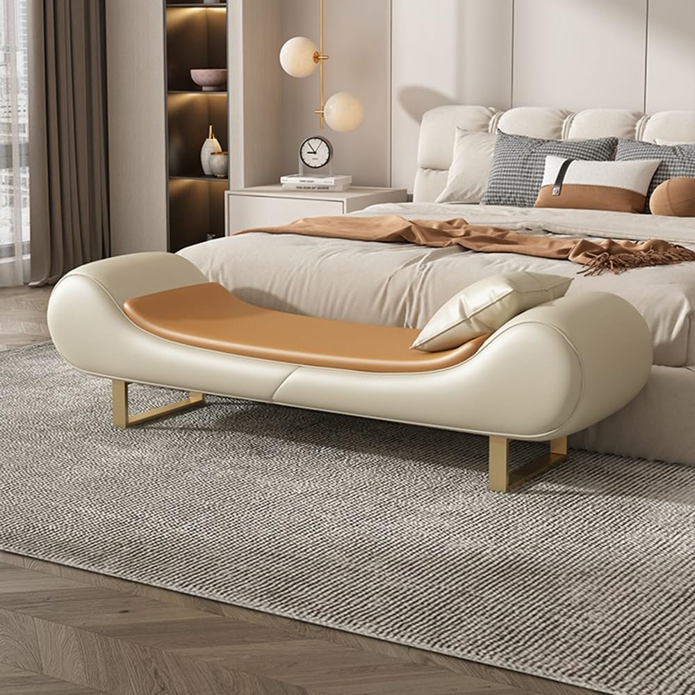 Nowoczesny lekki luksusowy stołek na łóżko, leżanka, ławka, mała sofa, podnóżek, dekoracyjna ławka na buty (Off-white)