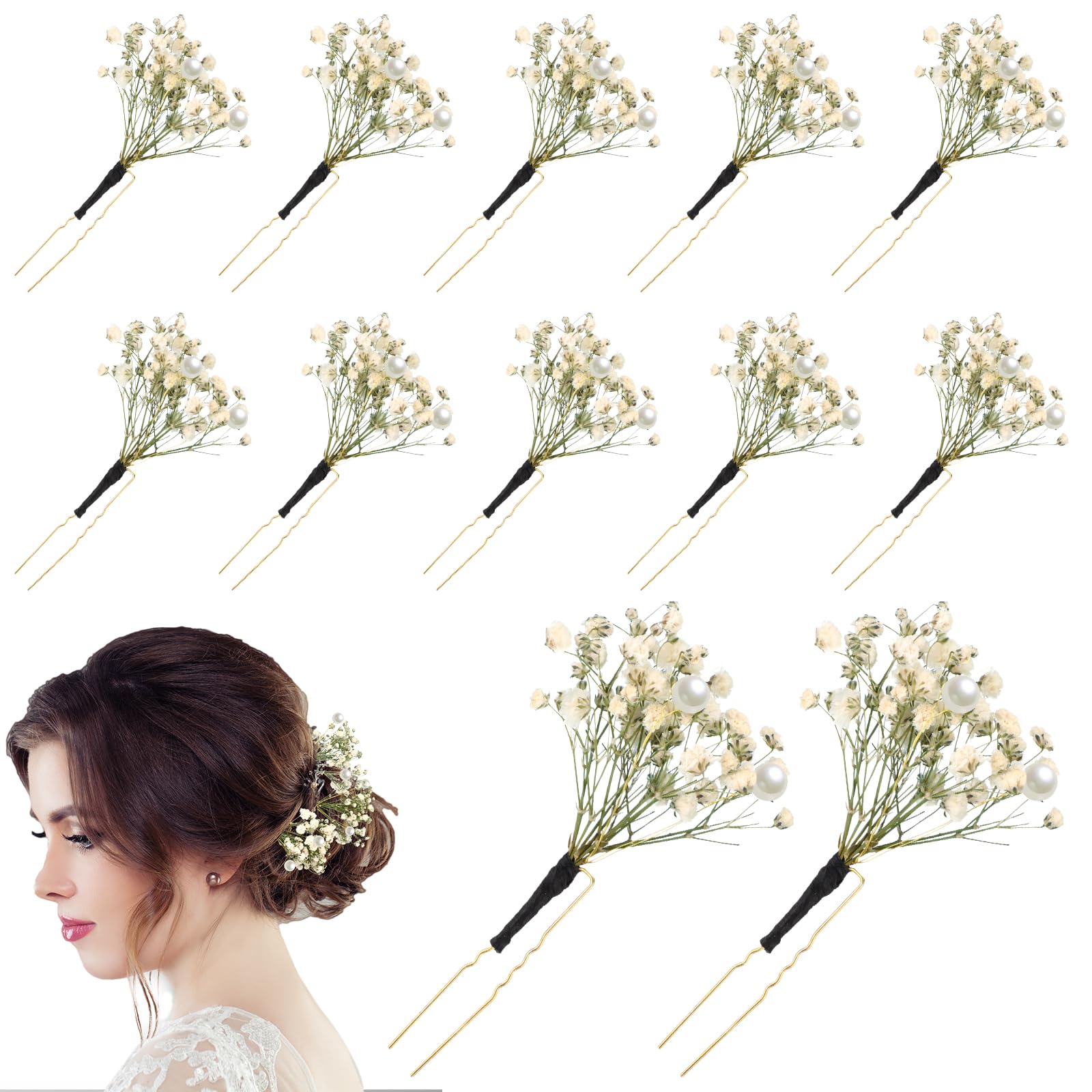 Daifunli 12 Pcs Baby's Breath Hair Pins for Wedding Bridal Shower Dried Flower Accessories Hair Pins with Pearl for Brides Bridesmaid Women Girls