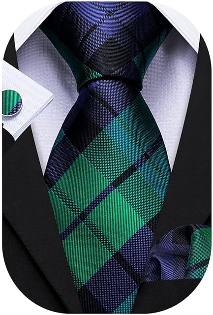 Barry.Wang Tie Set Plaid Necktie Men's Check Handkerchief Cufflinks Sets Formal Business Wedding
