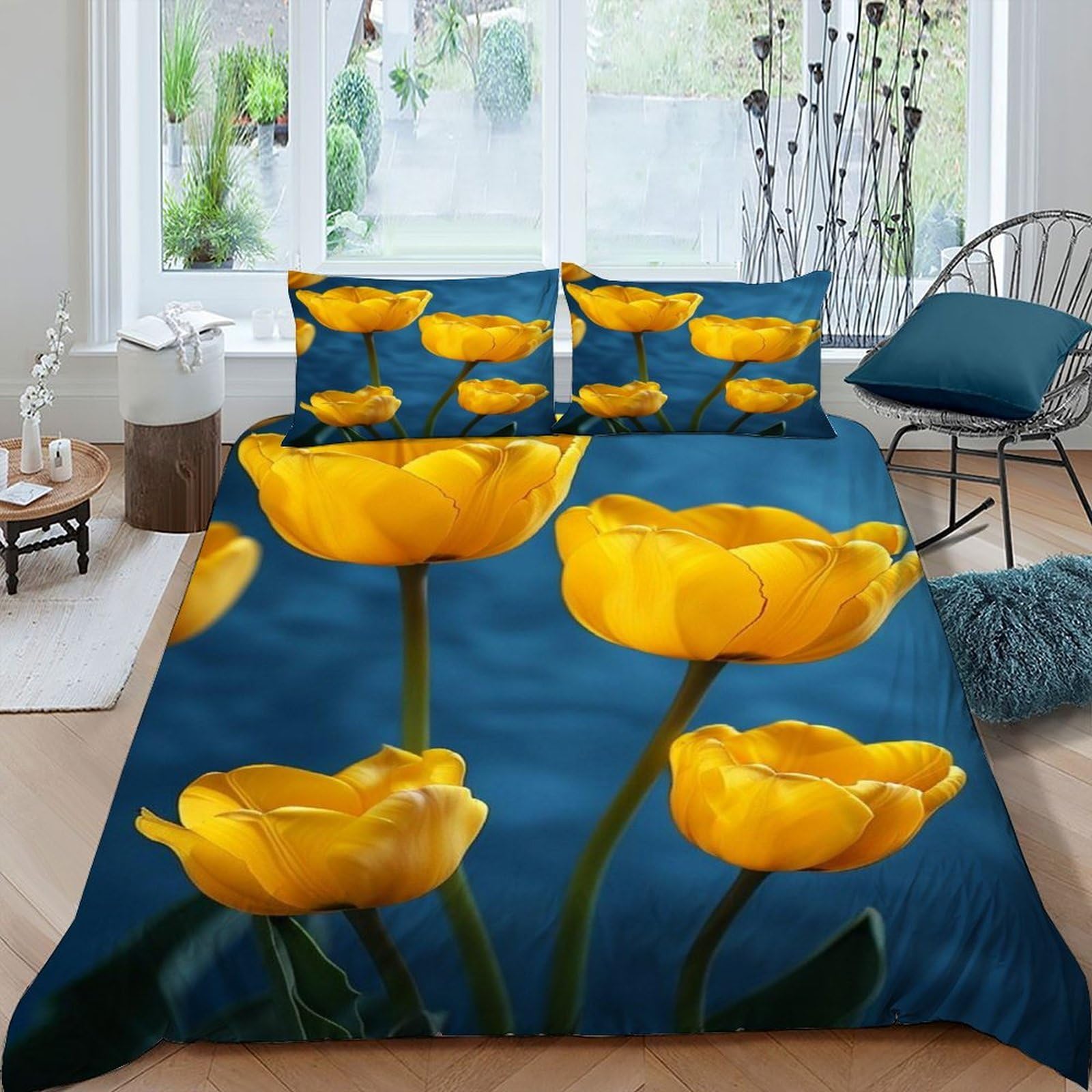 DOXLITVT Tulips Blue Bedding Set 3D Design Gothic Theme Duvet Cover Set Chic Breathable Quilt Cover Suitable for Family, Couple, Children with Pillow King（220x240cm）