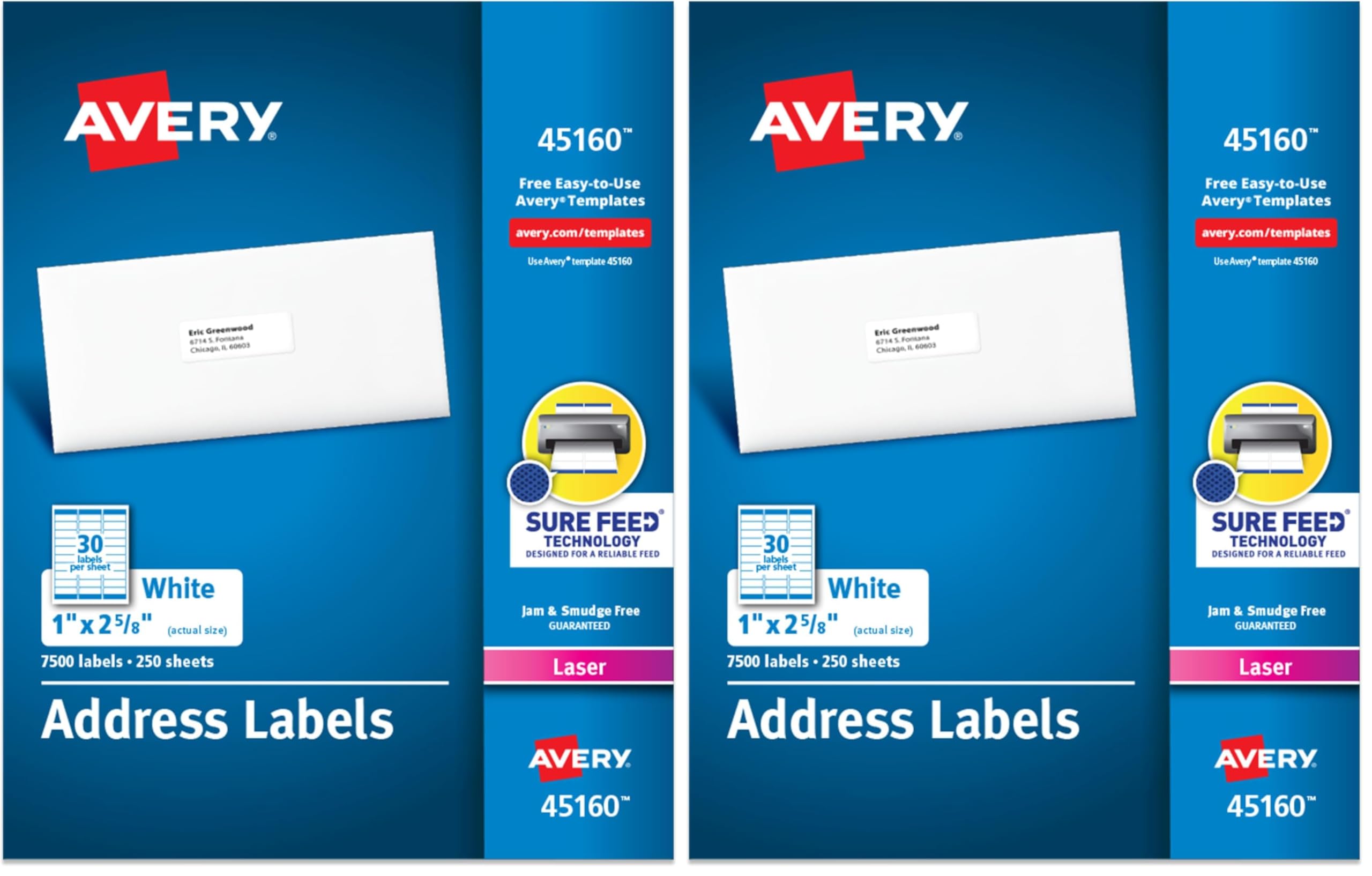 Avery Printable Address Labels with Sure Feed, 1" x 2-5/8" (7,500 Labels, 2-Pack, White) | Reliable Feed for Bulk Mailings - main product image