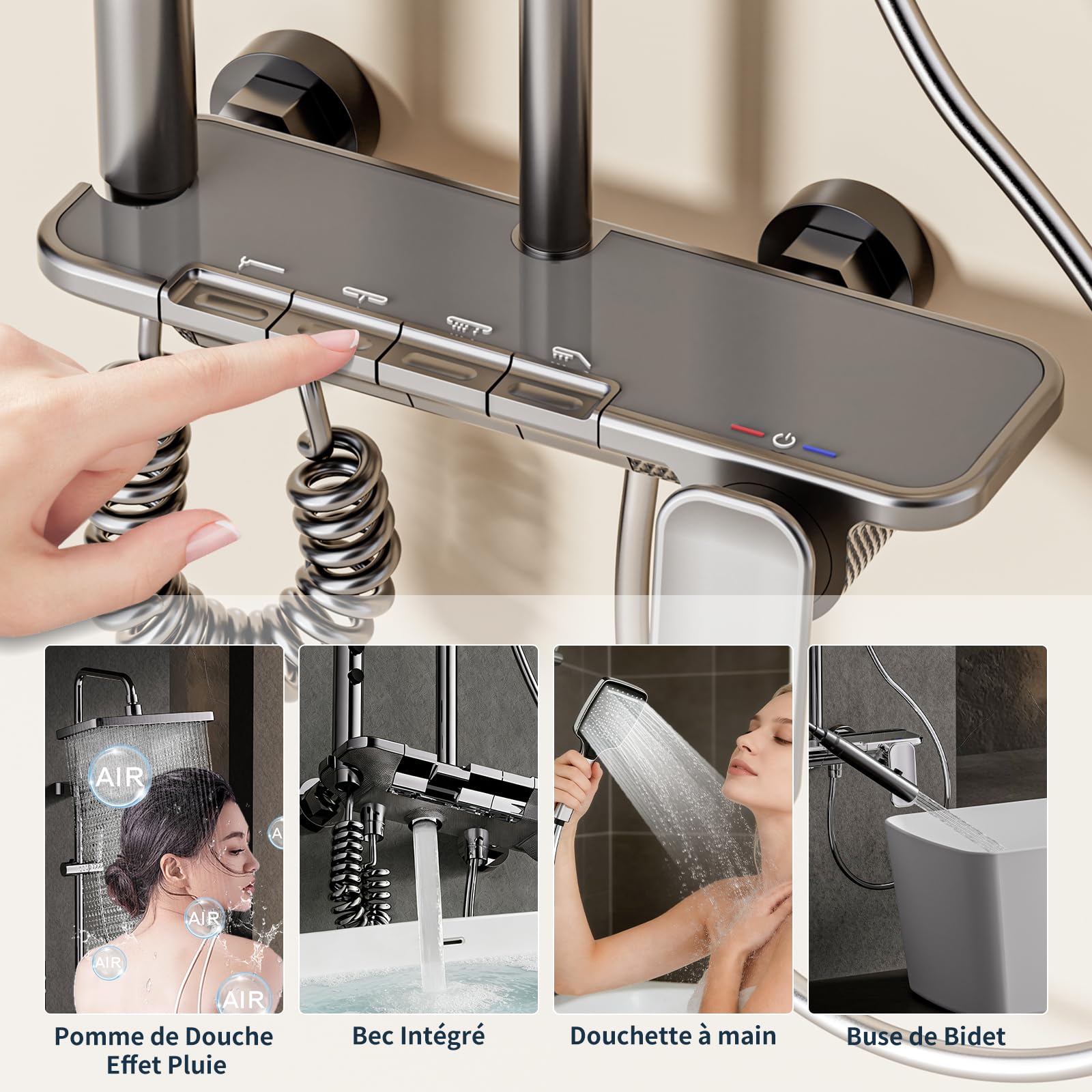 Colonne de Douche Gris Fusil Miroir avec Mitigeur - Touches Piano 4 Fonctions - Système de Douche Moderne avec Tête de Douche XXL Carrée, Douchette 3 Jets - Tube Inox Réglable 950-1350mm