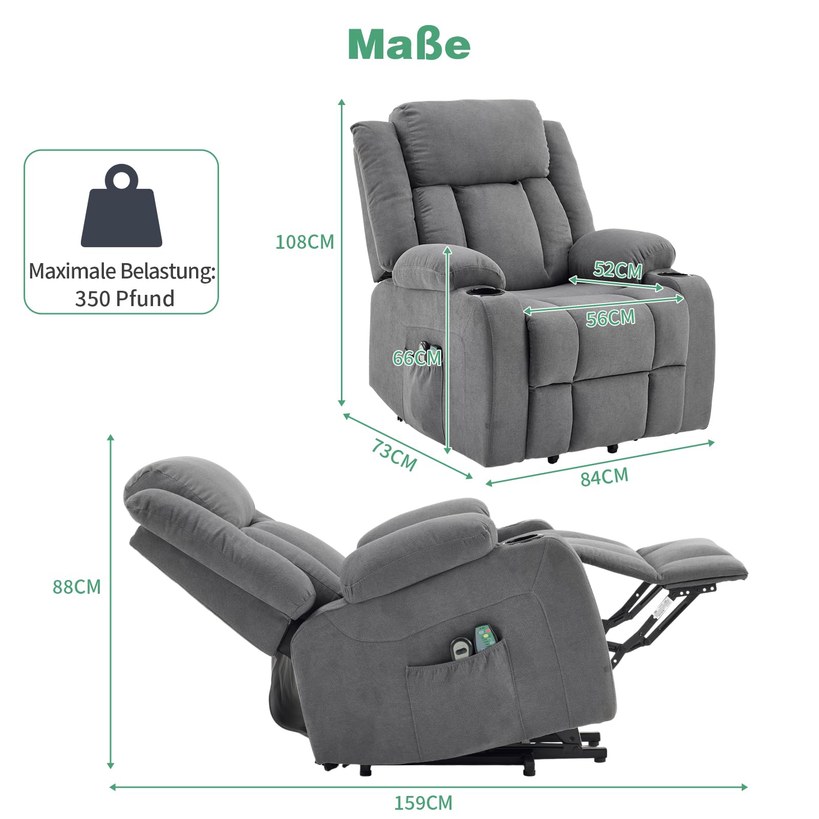LEADZM Poltrona relax con ascensore, poltrona massaggiante elettrica con funzione sdraiata, riscaldamento massaggiante, 2 tasche laterali, supporto per bevande, sedia reclinata, poltrona TV, grigio