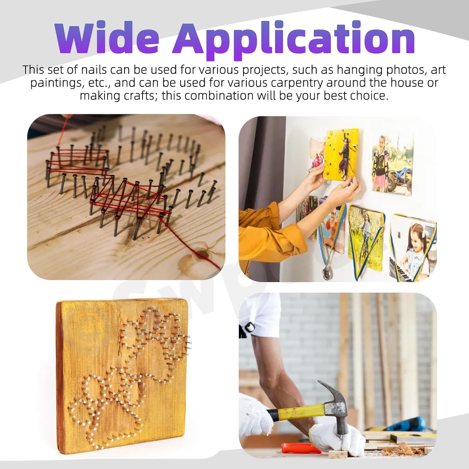 Swpeet 900Pcs 4 Sizes Hardware Nails Assortment Kit, Silver Galvanized Nails, Small Nails, Pin Nails, Finishing Nails, Nails for Hanging, Wall Nails for Hanging Pictures