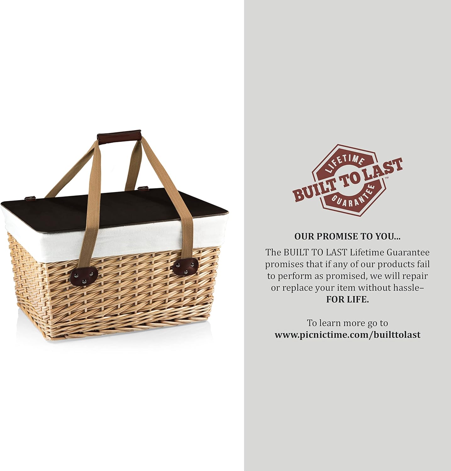 PICNIC TIME Canasta Grande Wicker Picnic Basket, Classic Large Wicker Basket for 2 with Handwoven Willow Design, Removable and Customizable Lid Table, (Beige Canvas with Brown Lid)