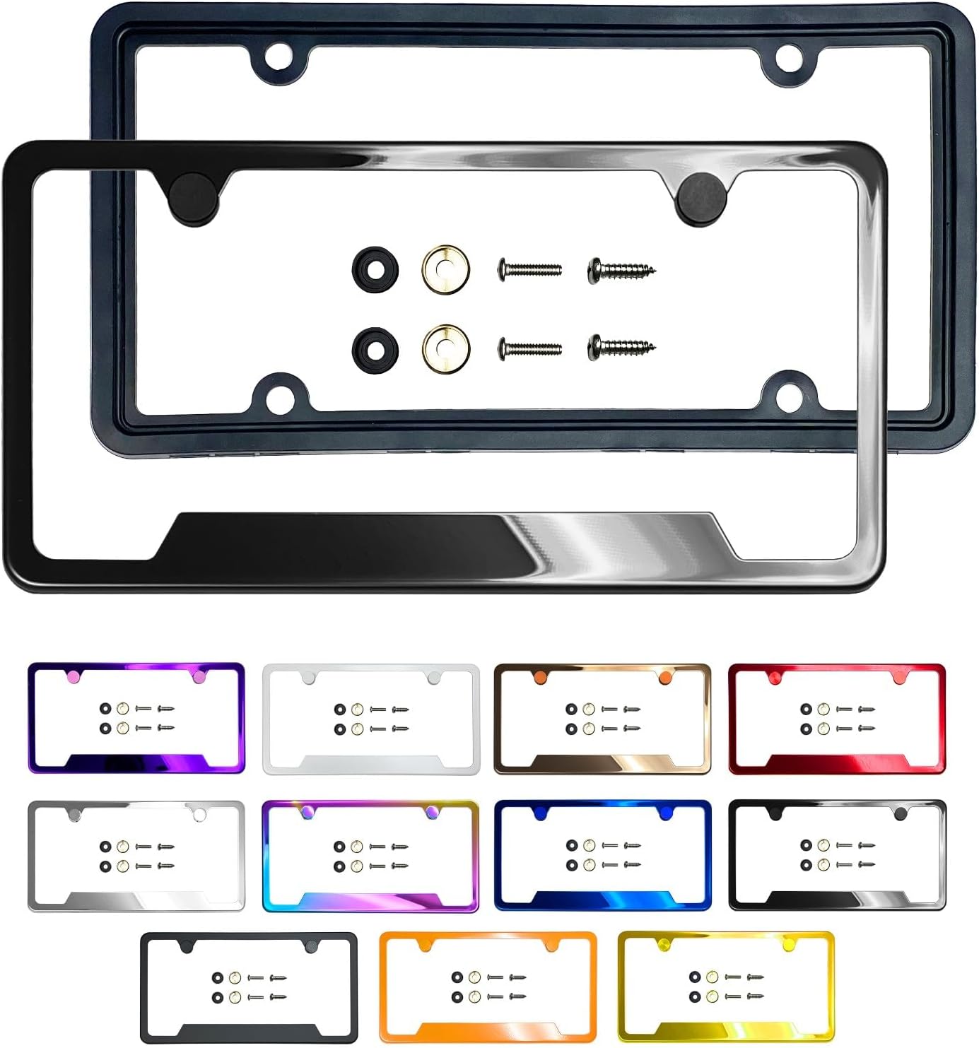 Customized Laser Etched Black Chrome Gun Metal Gray License Plate Frame Bottom Cut Out, Universal Fit, Anti-Rust Metal Screw-On Cap Cover T304 Stainless Steel, Rust-Proof Weather-Proof (Qty: 1 Frame)