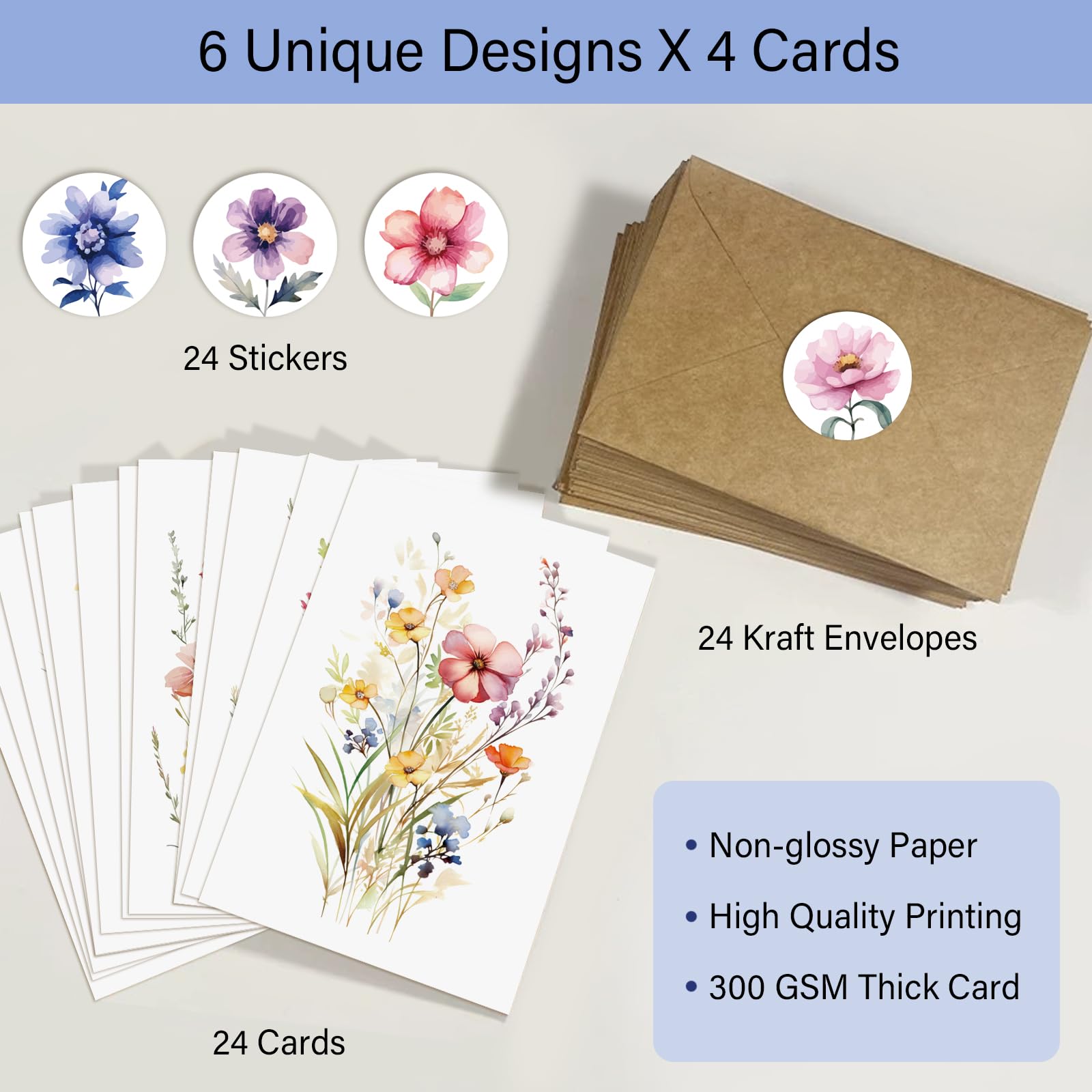 Naixiwen 24 Floral Blank Cards and Envelopes, 4x6 Wildflower Blank Note Cards for All Occasions - Sympathy Thank You Condolences Funeral Thinking of You Mother's Day Wedding Graduation, Etc - Image 2