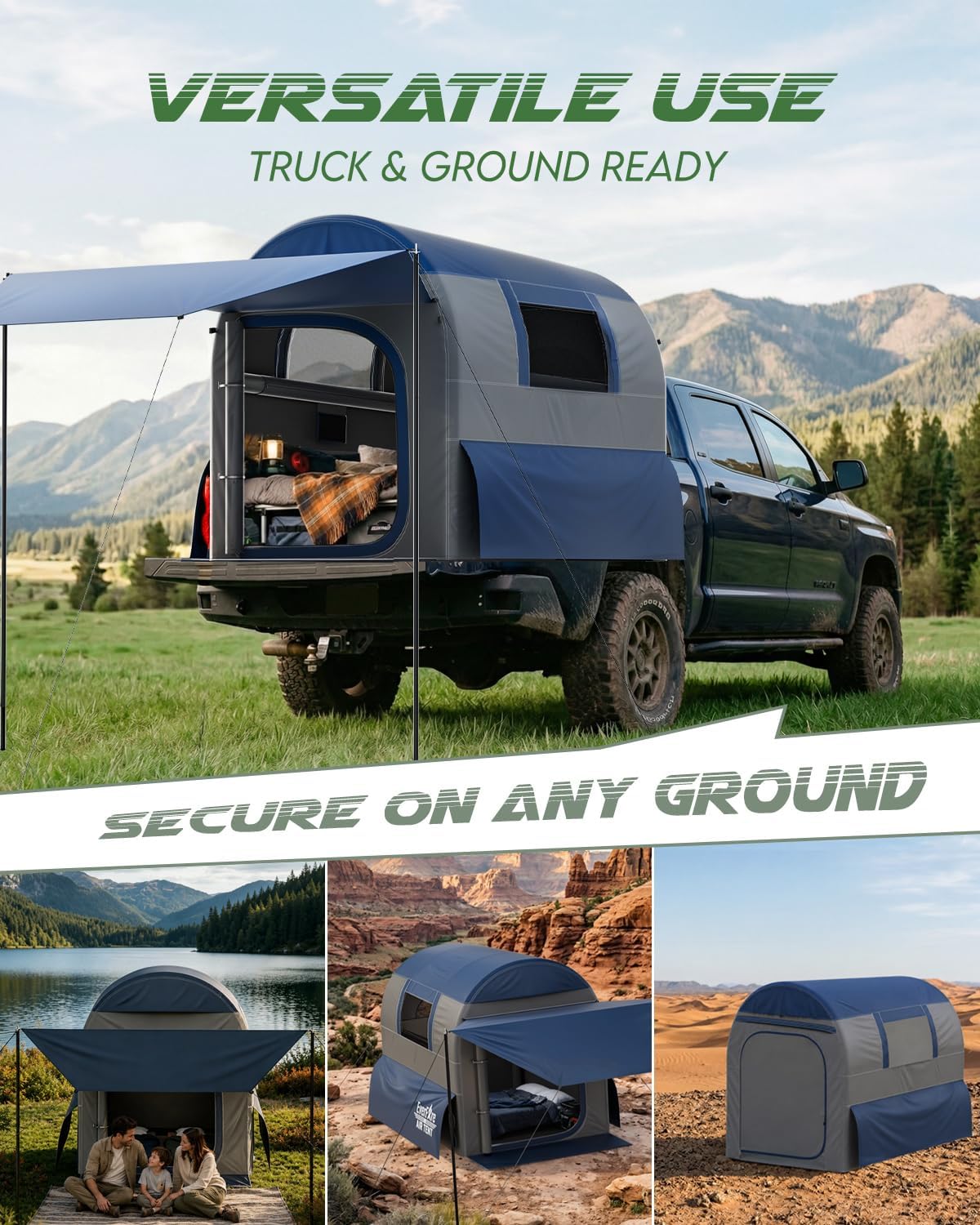 Inflatable Truck Bed Tent for Camping with Detachable Zippered Awning, Fits 5.5ft-8ft Pickup Truck Beds, 2-Min Fast Setup, PU3000mm Waterproof, Trucks & Ground Tent, Windproof Shelter for 2-3 Person