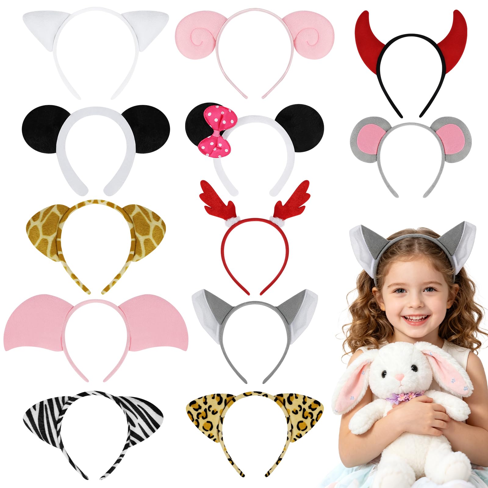 AYBUY 12 Pcs Multicolour Animal Ear Headbands, Cute & Fun Cartoon Animal Themed Headbands for Kids & Adults, Perfect for Parties, Halloween, Carnival & Gifting, Style C โ image 1