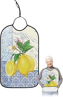 BOBOWUNY Summer Lemon Adult Bibs for Elder Women Men Eating, Farmhouse Blue and White Porcelain Waterproof & Washable Bibs for Eating Clothing Protector Dining Bibs for Crumb Catcher