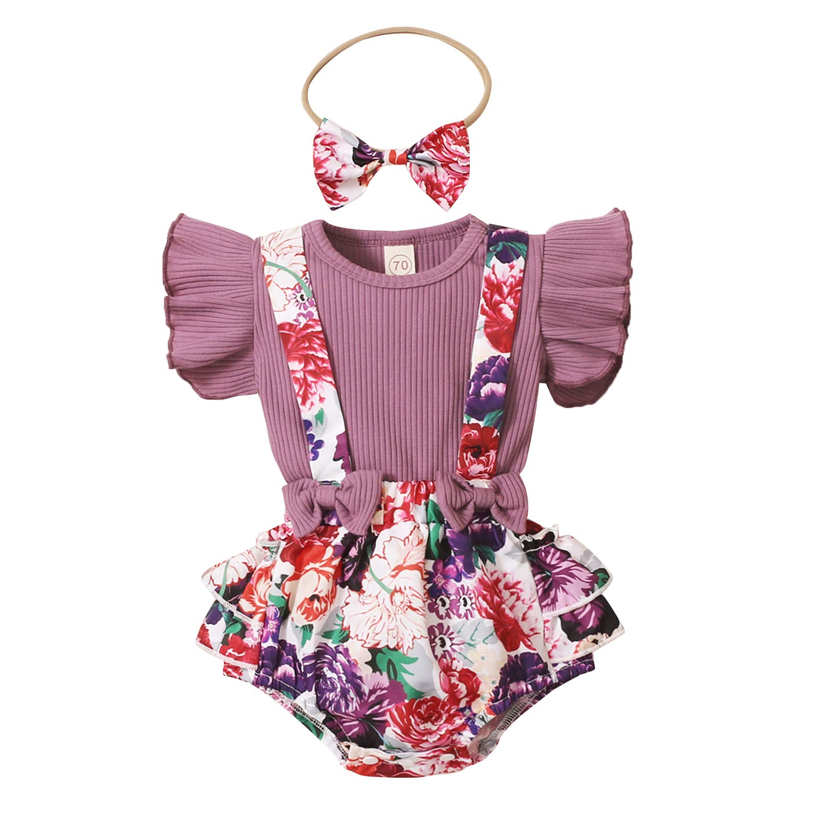 Newborn Baby Girl Summer Clothes Floral Ruffle Ribbed T-Shirt + Suspender Shorts + Headband Outfits, B Purple, 0-3 Months