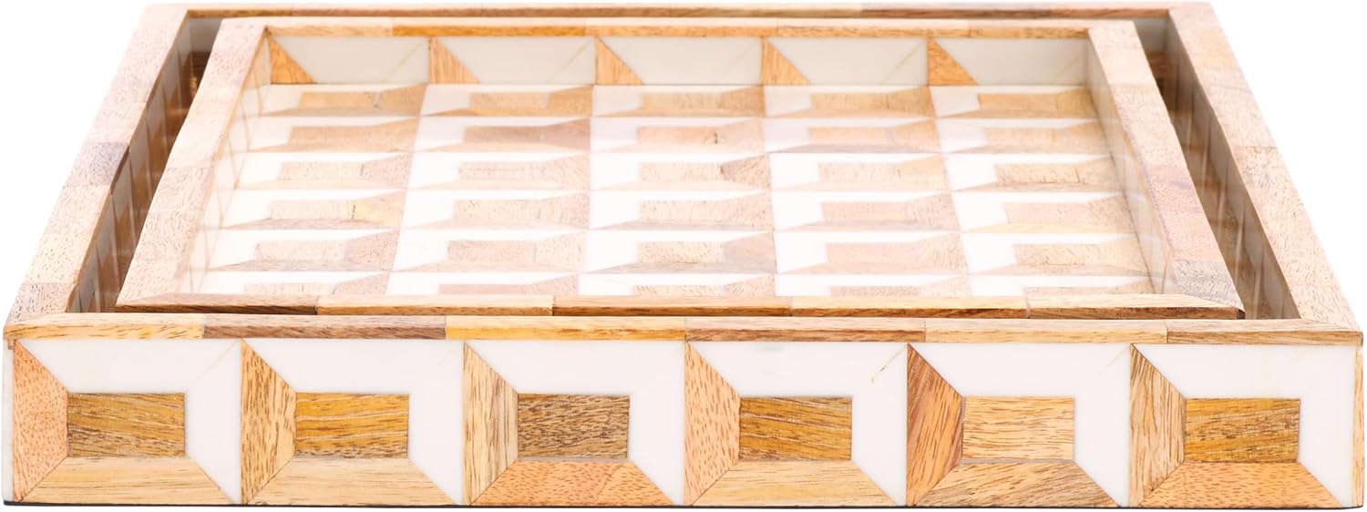 SAFAVIEH Home Collection Aria Antique Ivory & Natural Brown Tray Set 2 (Fully Assembled)