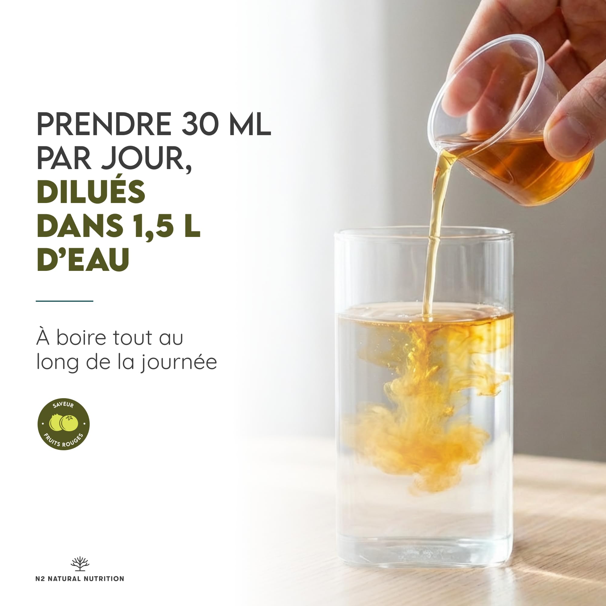 DÉTOX. Formule liquide avec Thé Vert, Pissenlit, Guarana, Papaye, Thé de Java, Maté, Groseiller Noir, Rhubarbe. 500 ml. Formule naturelle, VEGAN. CE. N2 Natural Nutrition