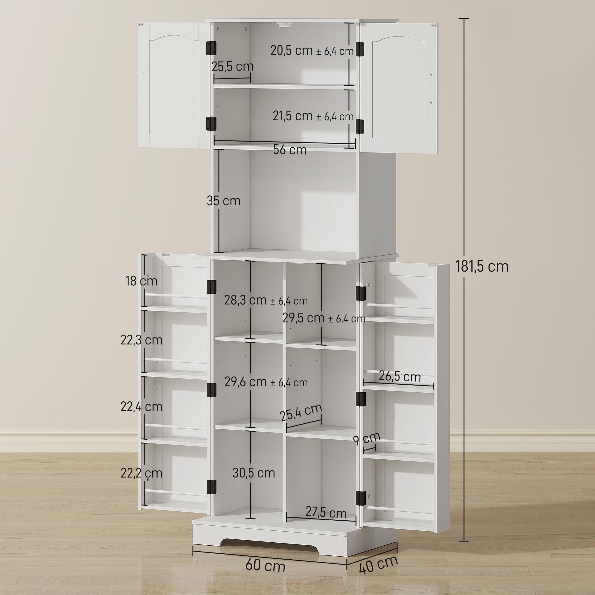 HOMCOM Credenza da cucina con 4 ante e 8 porta spezie e ripiani regolabili per soggiorno, sala da pranzo, piano di lavoro, 60 x 40 x 181,5 cm, bianco
