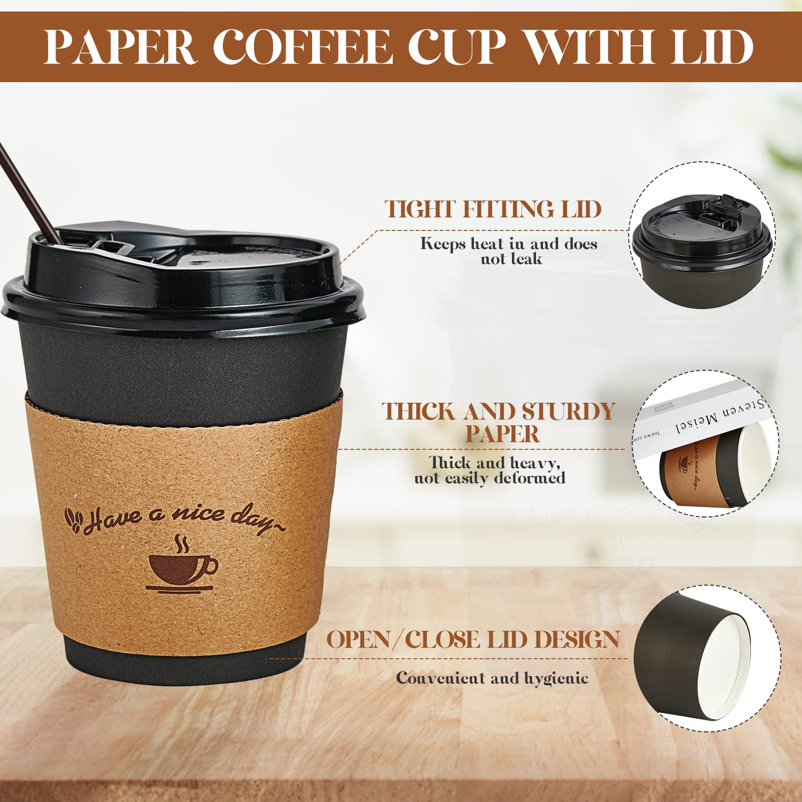 100 Pack 10 oz Paper Coffee Cups, Drinking Cups for Cold/Hot Coffee Chocolate Drinks, Disposable Coffee Cups with Lids, Sleeves and Stirring Sticks. Black Hot Coffee Cups for Home, Stores and Cafes.
