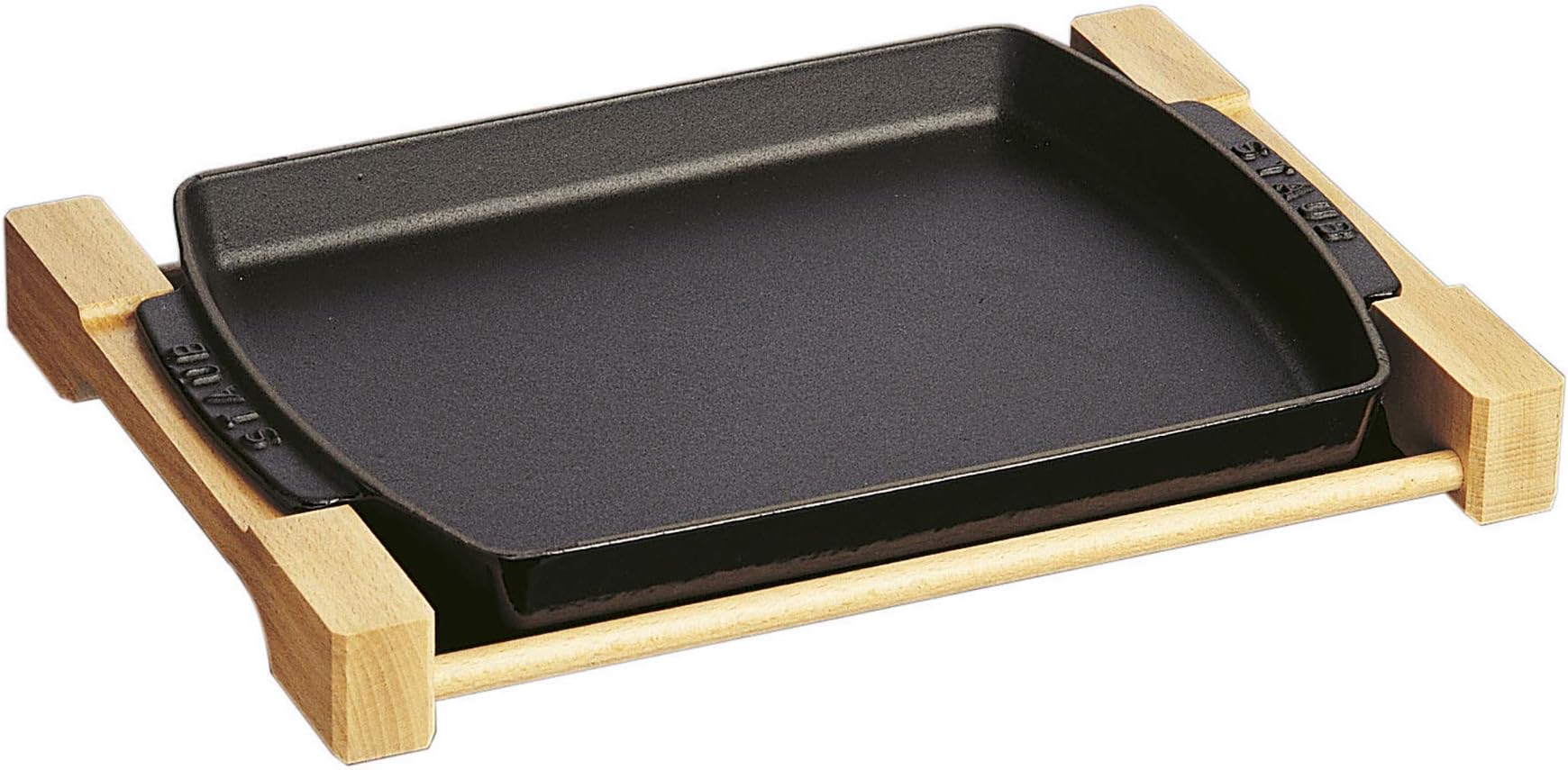 Cast Iron 13 x 9-inch Rectangular Serving Dish with Wood Base - Matte Black, Made in France