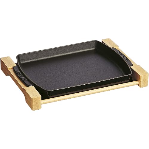 Staub Cast Iron 13 x 9-inch Rectangular Serving Dish with Wood Base - Matte Black, Made in France