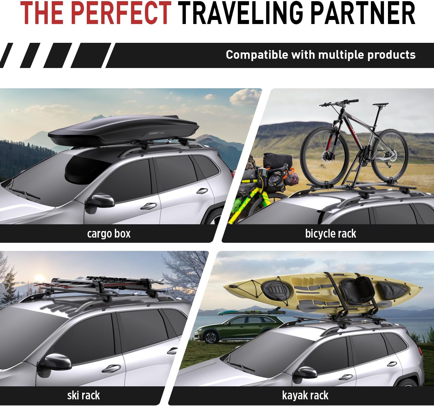 Roof Rack Cross Bars - Heavy Duty 52 Universal Kayak Roof Rack for SUVs & Cars, 200LB Capacity, Fits Raised Side Rails with Gap, 4 Anti-Theft Locks, Black (Pack of 2)