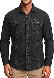 Polo Shirts for Men Solid Multi Pocket Long Sleeve Shirts for Men | Breathable Wrinkle Resistant Top For Hiking Camping Fishing Road Trips, Multiple Solid Outdoor Earth Tone Colors