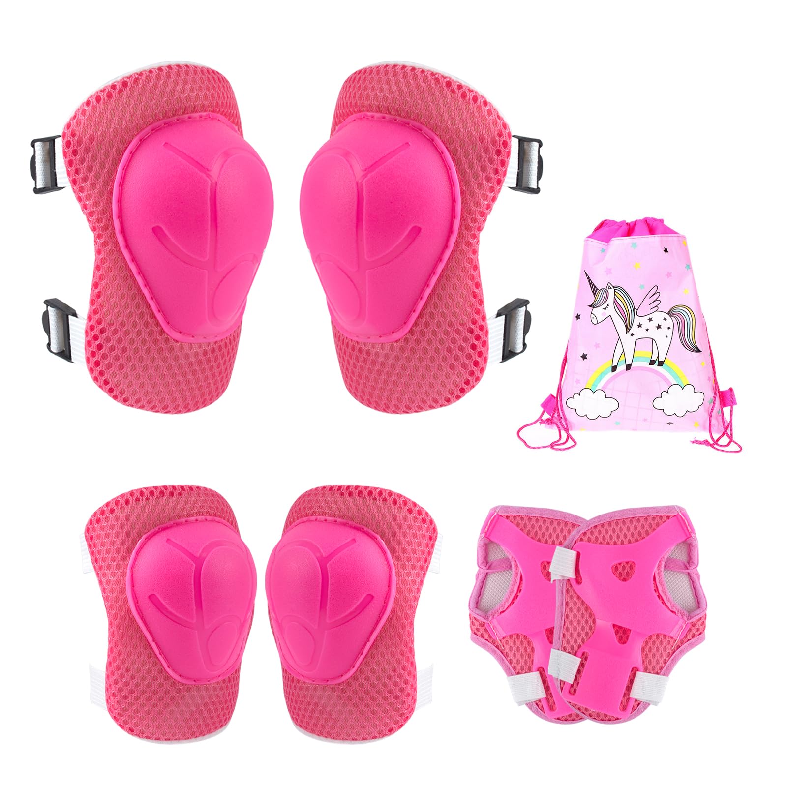 GWAWG 6 Pcs Pink Kids Knee Pads Wrist Guards Elbow Protective Set with Unicorn Drawstring Bag, Adjustable Gear, for Roller Skates Scooter Skating Riding Cycling, for 3-12 Years Old Girls Kids