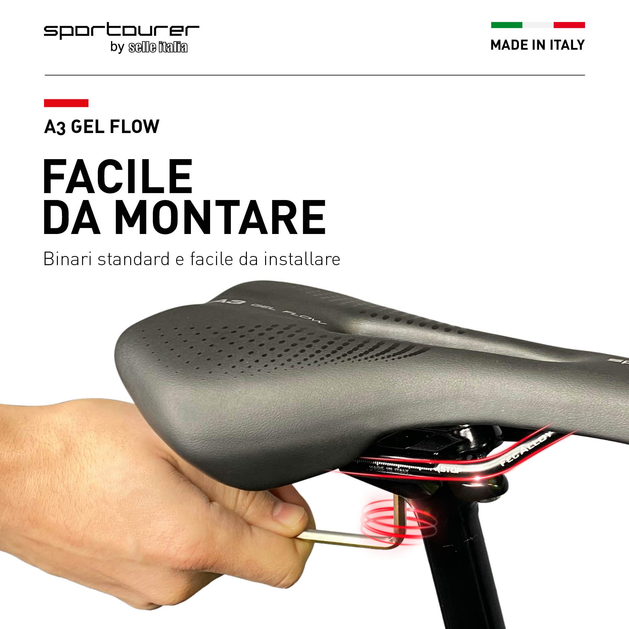 Selle Italia A3 GEL FLOW - Sella Comoda per Bicicletta con Gel, Foro Anatomico, Resistente all'Acqua e Adatta a Tutti i Tipi di Bici - Nero