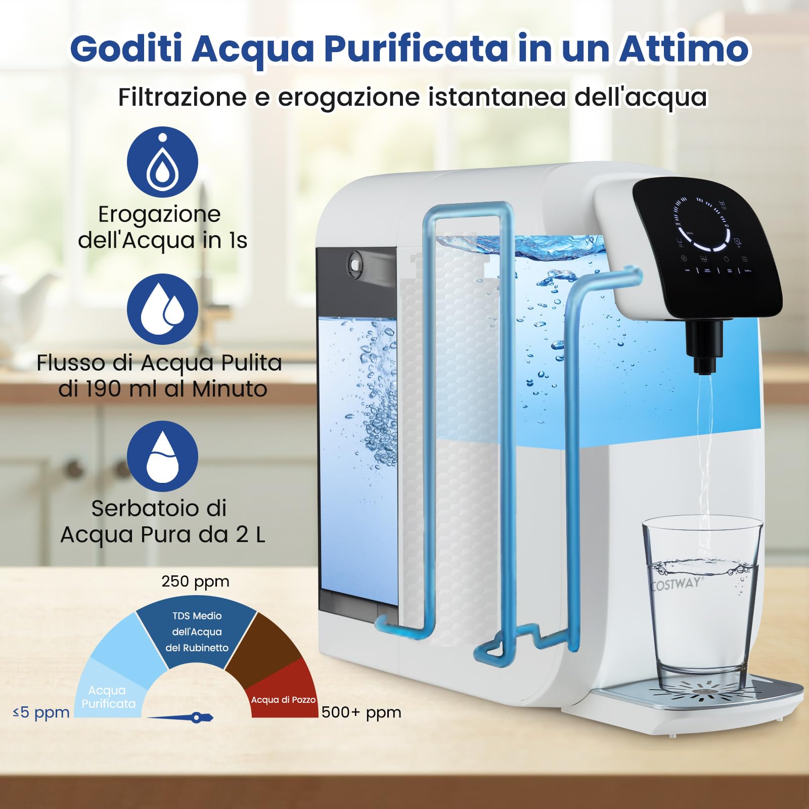 COSTWAY Filtro d'Acqua a Osmosi Inversa da Banco, Sistema di Filtrazione dell'Acqua a RO + PPC con Lampada a Raggi Ultravioletti, Purificatore Portatile da 4:1 Acqua Pura/Scarico (Filtro d'Acqua)