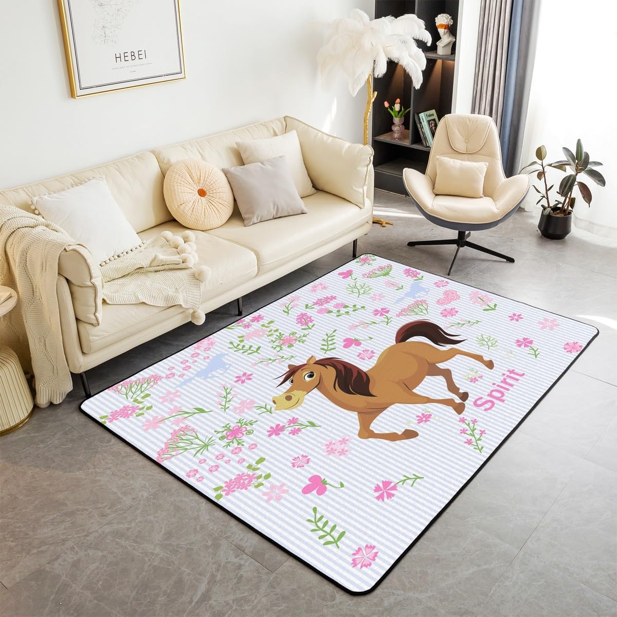 Horse Area Rug 3'x5' Cartoon Farmhorse Floral Decorative Carpet Toddler Baby Girl Pink Blue Stripe Rugs for Living Room Bedroom Spirit Horse Animal Floor Mat Entryway Rug