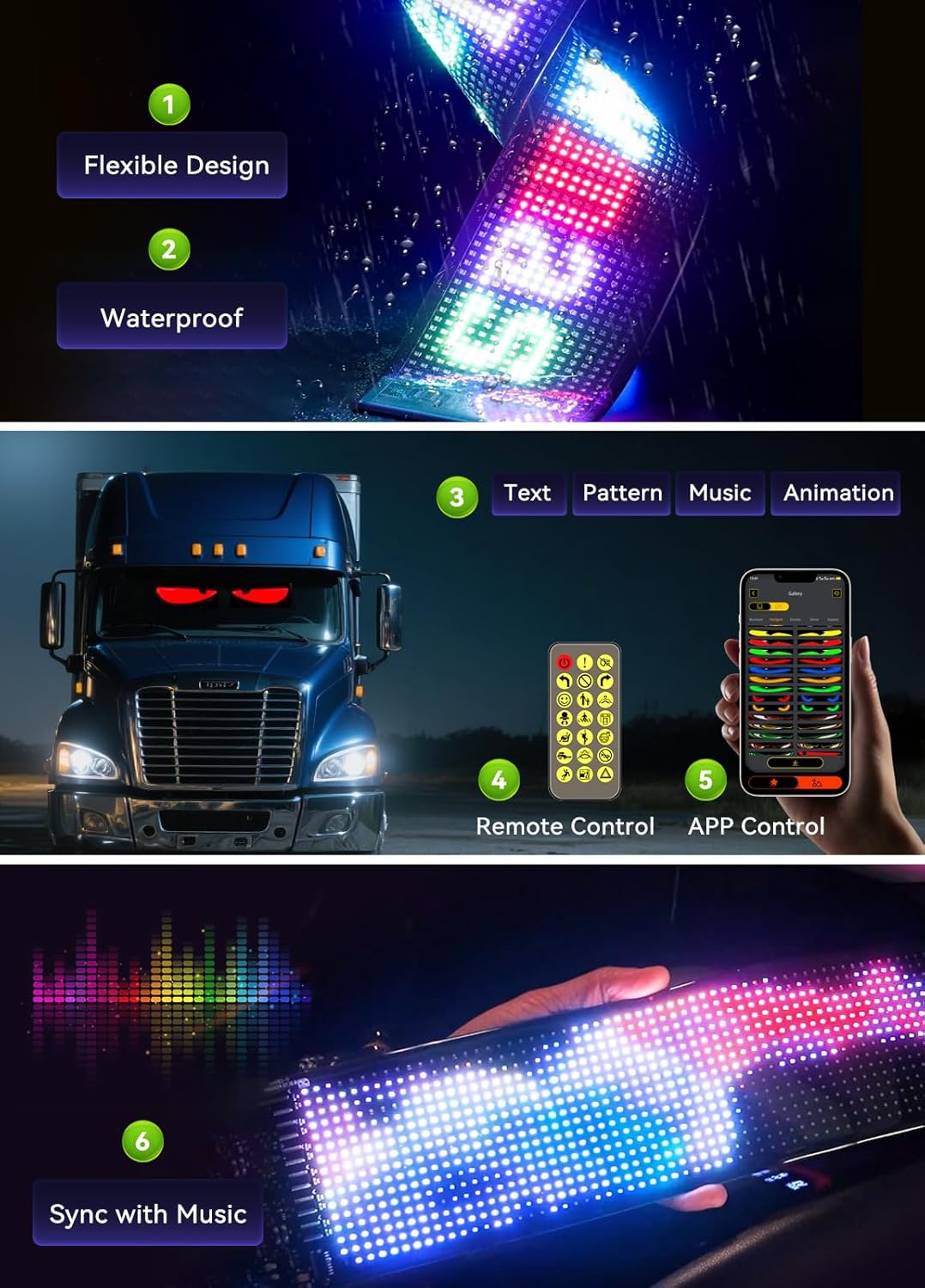 Led Sign for Car Windshield, Programmable LED Scrolling Flexible Screen Digital Display, APP Control, Advertising LED Sign with Remote, DIY Pattern Animation (Black, 3"x7") - Image 2