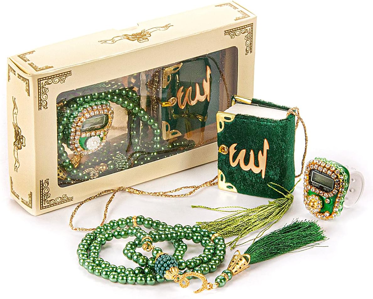 İhvan Online Mini Velvet Quran Set with Islamic Finger Counter, Portable Digital Tasbeeh, Muslim Prayer Beads, Pearl Zikirmatic Beads, 3 Pieces Gift Set for Mevlüt, Green