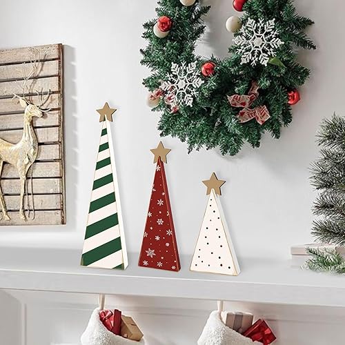 Miniatura 6 de 3 piezas de madera para árbol de Navidad, decoración de mesa de árbol de Navidad rojo, verde y blanco, letrero de árbol de madera con estrella para