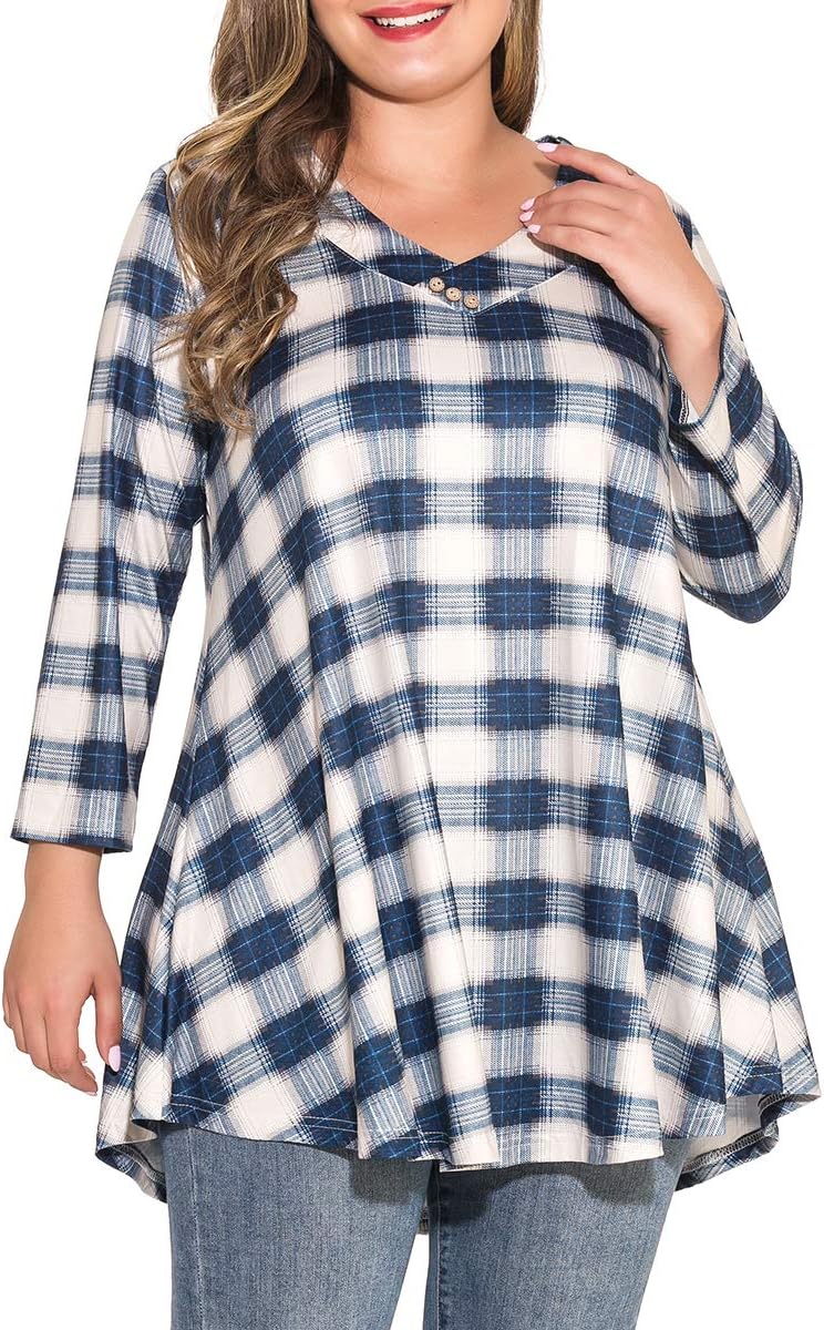 Womens Plus Size 3/4 Sleeve V Neck Button Casual Loose Flowy Swing Tunic Tops Basic Tee Shirts for Leggings