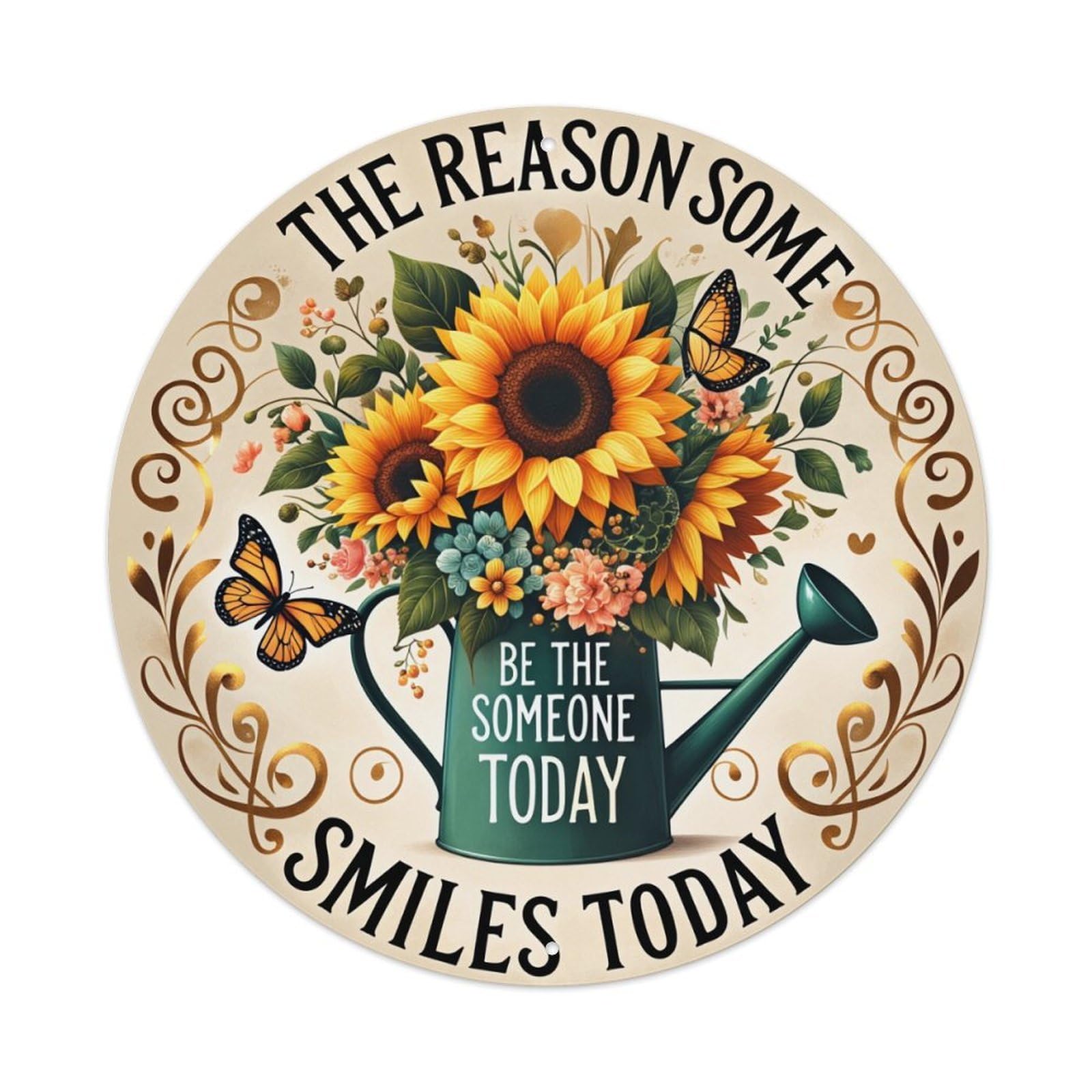 Sunflower Bouquet With Butterflies And Watering Can Round Tin Sign Retro Metal Sign for Cafe Bar Pub Home Game Room Gym Club Wall Decoration Vintage Metal Poster 8x8 Inch