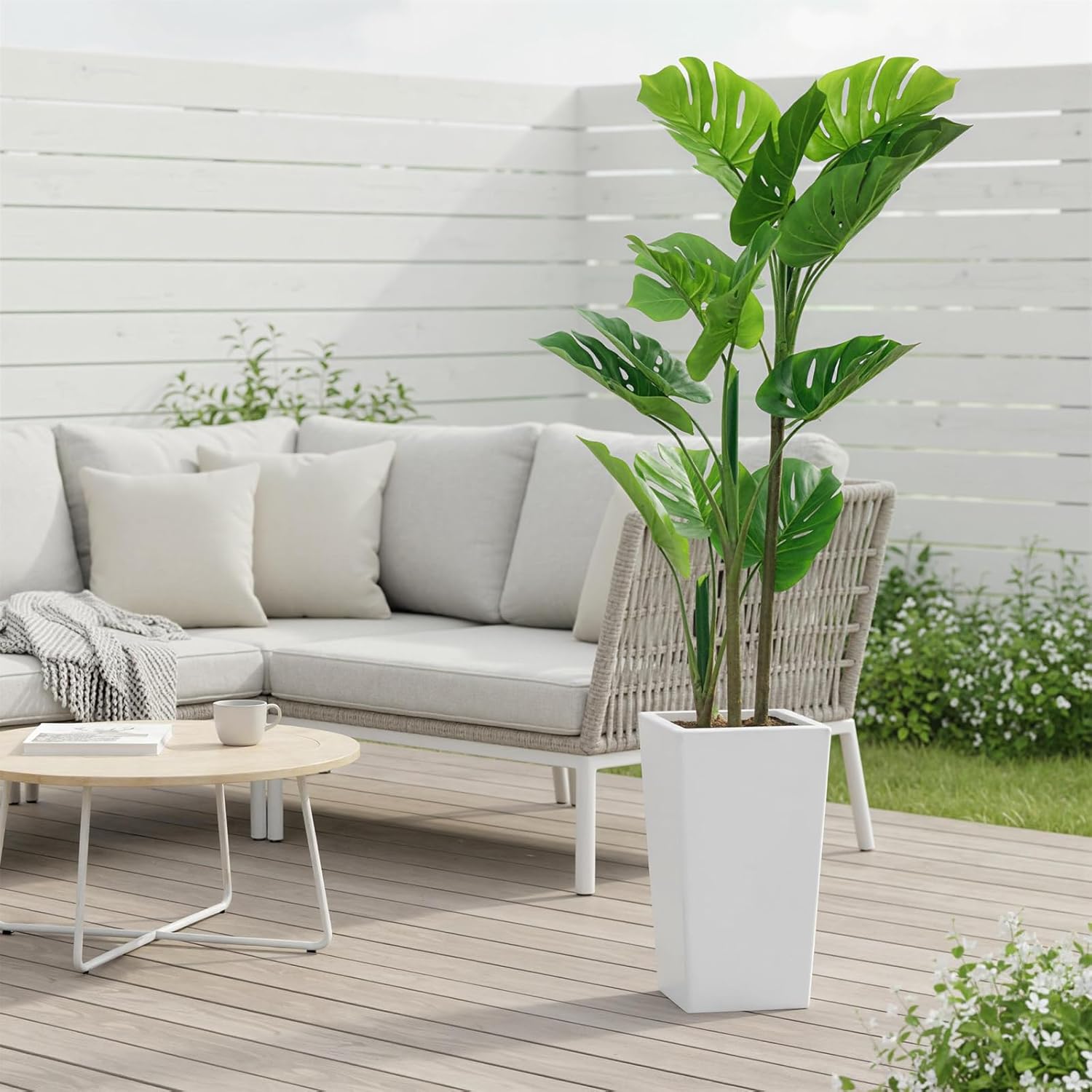 4.5FT Artificial Monstera Plant in White Tall Planter, Mini Fake Swiss Cheese Plant, Decorative Evergreen Tropical Floor Tree for Living Room Entryway Porch Office